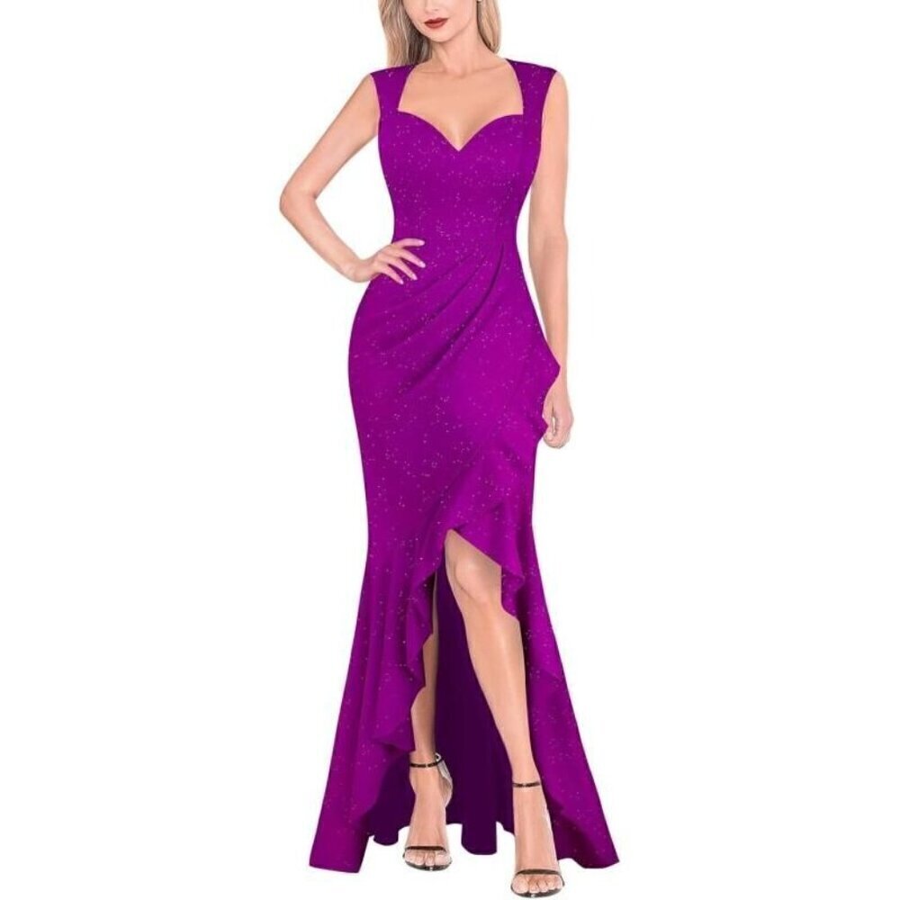 VFSHOW Sexy Ruffle V Neck  Formal Wedding Guest Prom Maxi Dress Purple Large